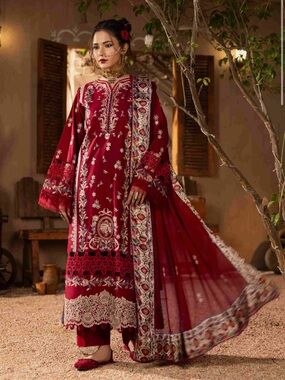 Embroidered Maroon Traditional Suit with Detailed Dupatta